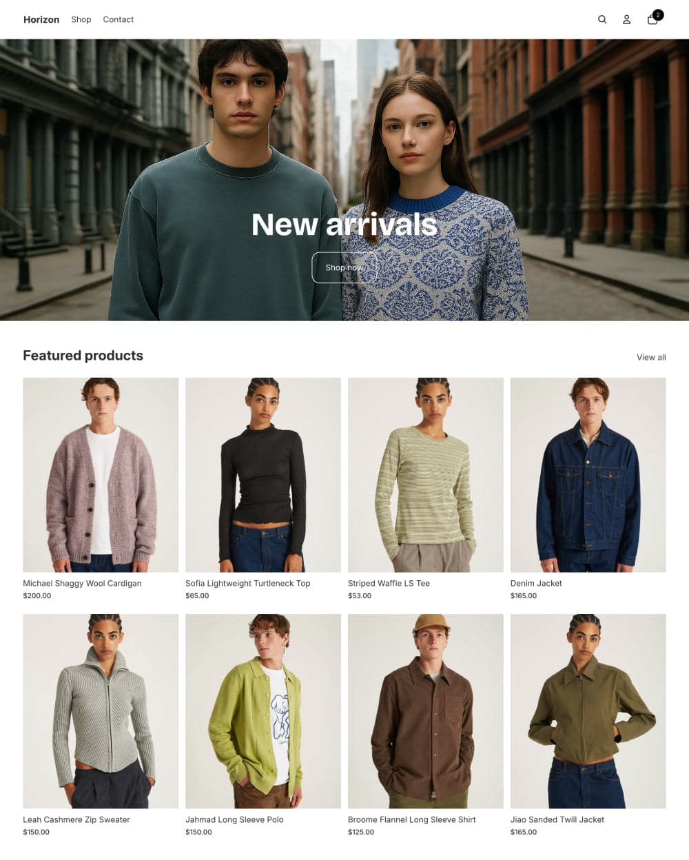 Horizon Shopify storefront preview with hero banner and featured products